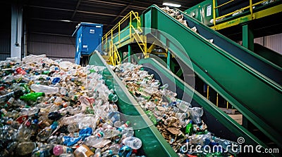 Escalator with a pile of plastic bottles at the factory for processing and recycling. PET recycling plant Stock Photo