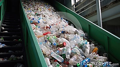Escalator with a pile of plastic bottles at the factory for processing and recycling. PET recycling plant Stock Photo
