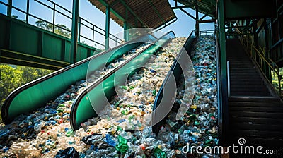 Escalator With Pile Of Plastic Bottles At Recycling Factory Stock Photo