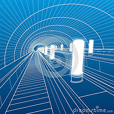 Escalator in the subway. Transport infrastructure illustrations. Urban life. White line on blue background. Outline images for you Vector Illustration