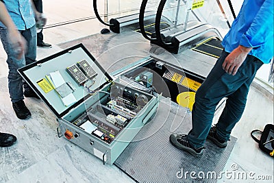 Escalator under repair Stock Photo