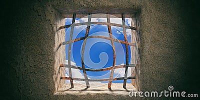 Escape, freedom. Prison, jail window, blue sky view, rusty open bended bars on old wall background. 3d illustration Cartoon Illustration