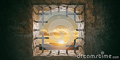 Escape, freedom. Prison, jail window with cut bars, sunset, sunrise view. 3d illustration Cartoon Illustration