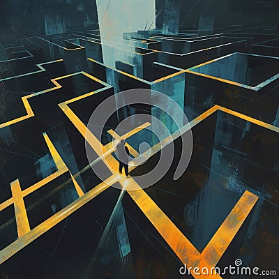 Escape from the Mechanized Maze A figure finding a path to freedom through a complex black box cybersecurity maze illuminated by Stock Photo