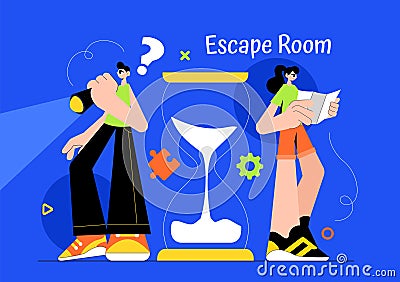 Escape Room Vector Illustration featuring People Solving Puzzles, Searching for Keys, Escaping Traps, and Finding Solution Vector Illustration