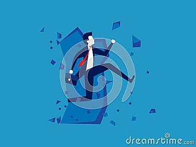 Escape to new opportunities. Businessman breaks down walls and breaks through obstacles Vector Illustration