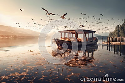 Escape to a Serene Lakeside Getaway with wooden boat and birds flying - Ai Generated Stock Photo