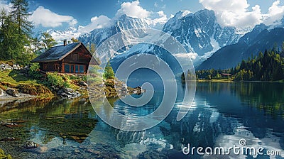 A tranquil setting of a remote cabin on a crystal clear lake with a majestic snow-capped mountain backdrop Stock Photo