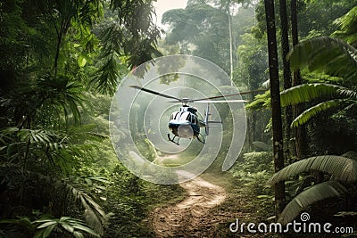 escaping the jungle with helicopter in hot pursuit Stock Photo