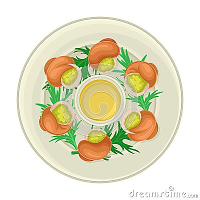 Escargot Dish with Greenery Served on Plate Top View Vector Illustration Vector Illustration