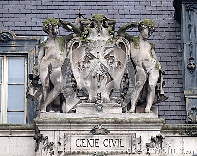 Escutcheon representing the civil engineering, on the back of the Hotel de Ville, City Hall in Paris Editorial Stock Photo