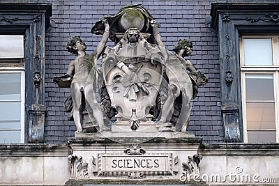Escutcheon representing the sciences, on the back of the Hotel de Ville, City Hall in Paris Stock Photo