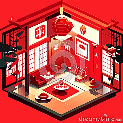 ese restaurant interior isometric vector illustration. Chinese restaurant with red walls large windows and red doors. AI Generated Vector Illustration