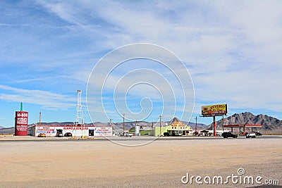 Desert truck stop in Amargosa Valley with Area 51 Alien Center Editorial Stock Photo