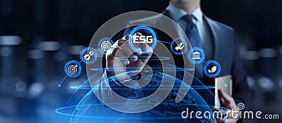 ESG environmental social governance business strategy investing concept. Businessman pressing button on screen Stock Photo