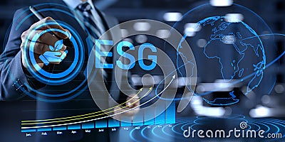 ESG environmental social governance business strategy investing concept. Businessman pressing button on screen Stock Photo