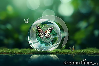 ESG green energy sustainable industry. World environment day concept.Globe Glass with butterfly. circular economy Stock Photo