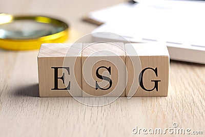 ESG on wooden cubes with magnifier and calculator, financial concept background Stock Photo