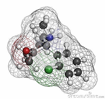 Esketamine antidepressant and anesthetic drug molecule. Atoms are represented as spheres with conventional color coding: hydrogen Stock Photo