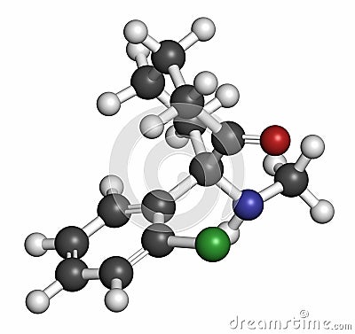 Esketamine antidepressant and anesthetic drug molecule. Atoms are represented as spheres with conventional color coding: hydrogen Stock Photo