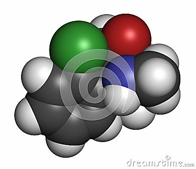 Esketamine antidepressant and anesthetic drug molecule. Atoms are represented as spheres with conventional color coding: hydrogen Stock Photo