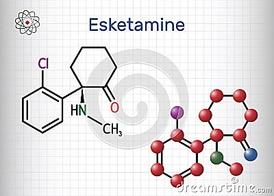 Esketamine molecule. It is the S-enantiomer of ketamine, with analgesic, anesthetic and antidepressant activities.. Structural Vector Illustration