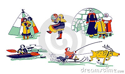 Eskimo Characters in Traditional Clothes and Arctic Animals Deer and Dog. Esquimau Family Mother, Father and Kid Vector Illustration