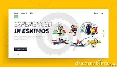 Eskimo Characters in Traditional Clothes and Arctic Animals Landing Page Template. Esquimau Family Mother Vector Illustration