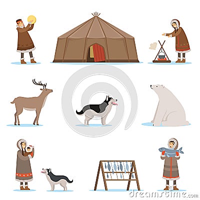 Eskimo characters in traditional clothing, arctic animals, igloo house. Life in the far north. Set of colorful cartoon Vector Illustration