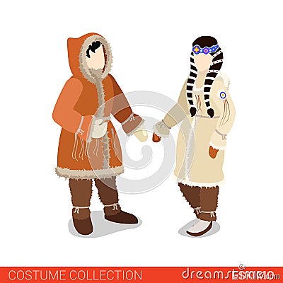 Eskimo couple flat 3d isometric costume collection Cartoon Illustration