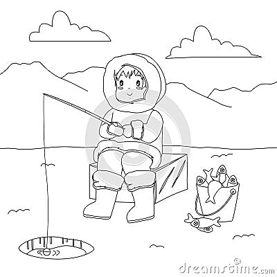 Eskimo Fishing Coloring Page Vector Vector Illustration