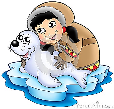 Eskimo girl with baby seal Cartoon Illustration