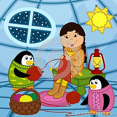 Eskimo girl knits sweater for penguin Vector Illustration