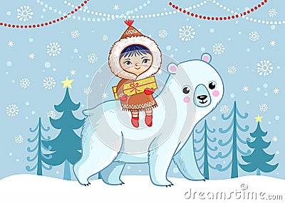 An Eskimo girl sits on a white bear and holds a gift in her hands. Cartoon Illustration