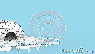 Eskimo Igloo icehouse Snowhouse and penguins on Blue background Stock Photo