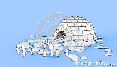 Eskimo Igloo icehouse Snowhouse and penguins on Blue background Stock Photo