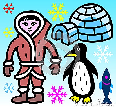 Eskimo, igloo, penguin, fish and snowflakes - illustration. Vector Illustration