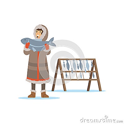 Eskimo, Inuit, Chukchi man character in traditional costume holding big fish, northern people, life in the far north Vector Illustration