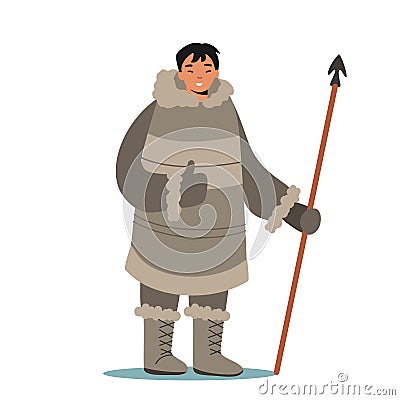 Eskimo Male Character Happy Face Hold Spear Show Thumb Up. Life in Far North, Inuit Hunter Wearing Traditional Clothes Vector Illustration