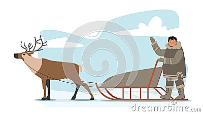 Eskimo Male Character Riding Reindeer Sleigh with Happy Face. Life in Far North Concept, Inuit in Traditional Clothes Vector Illustration