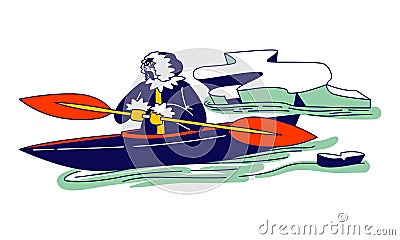 Eskimo Male Character in Traditional Warm Clothing Floating on Kayak with Paddles at Frozen Sea with Broken Ice Pieces Vector Illustration