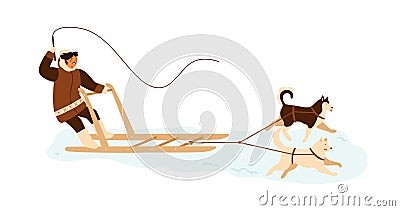 Eskimo man riding husky dog sled. Musher in winter alaskan clothes with whip in sleigh. Traditional mushing race. Flat Vector Illustration