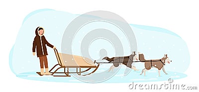 Eskimo man riding in a sledge pulled by dogs. Vector Illustration