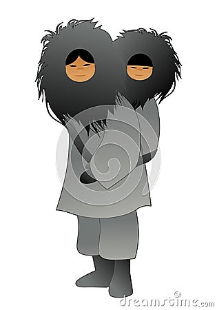 Eskimo mother with son behind her back, wearing fur clothes, isolated on white background Vector Illustration