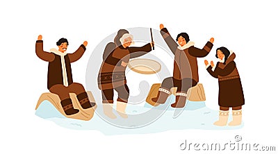 Eskimo people clapping hands, dance and play national ethnic tambourine. Inuit family having fun. Traditional northern Vector Illustration