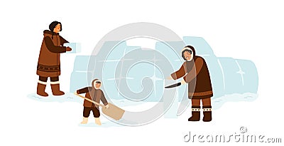 Eskimo traditional family constructing igloo with ice cubes together. Inuit people in traditional clothes building house Vector Illustration