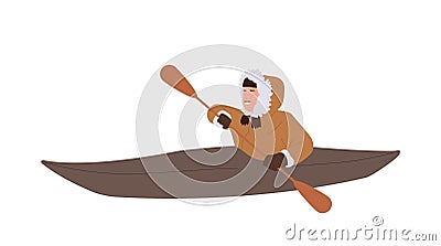 Eskimos man cartoon character in native clothes kayaking, floating on wooden boat with paddles Vector Illustration