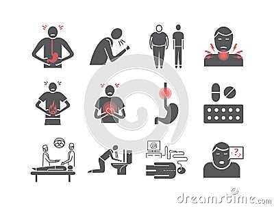 Esophageal cancer icons. Symptoms and diagnosis. Medical infographics. Medical vector infographics for web design. Vector Illustration