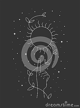 Esoteric celestial summer solstice sun sign levitate over woman hand with foliage. Mystic equinox holiday linear symbol Vector Illustration