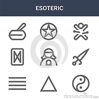 9 esoteric icons pack. trendy esoteric icons on white background. thin outline line icons such as yin yang, knife, pentagram . Vector Illustration